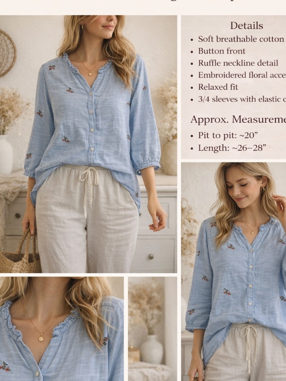 Blue Embroidered Cotton Blouse Relaxed Fit Boho Cottagecore Top